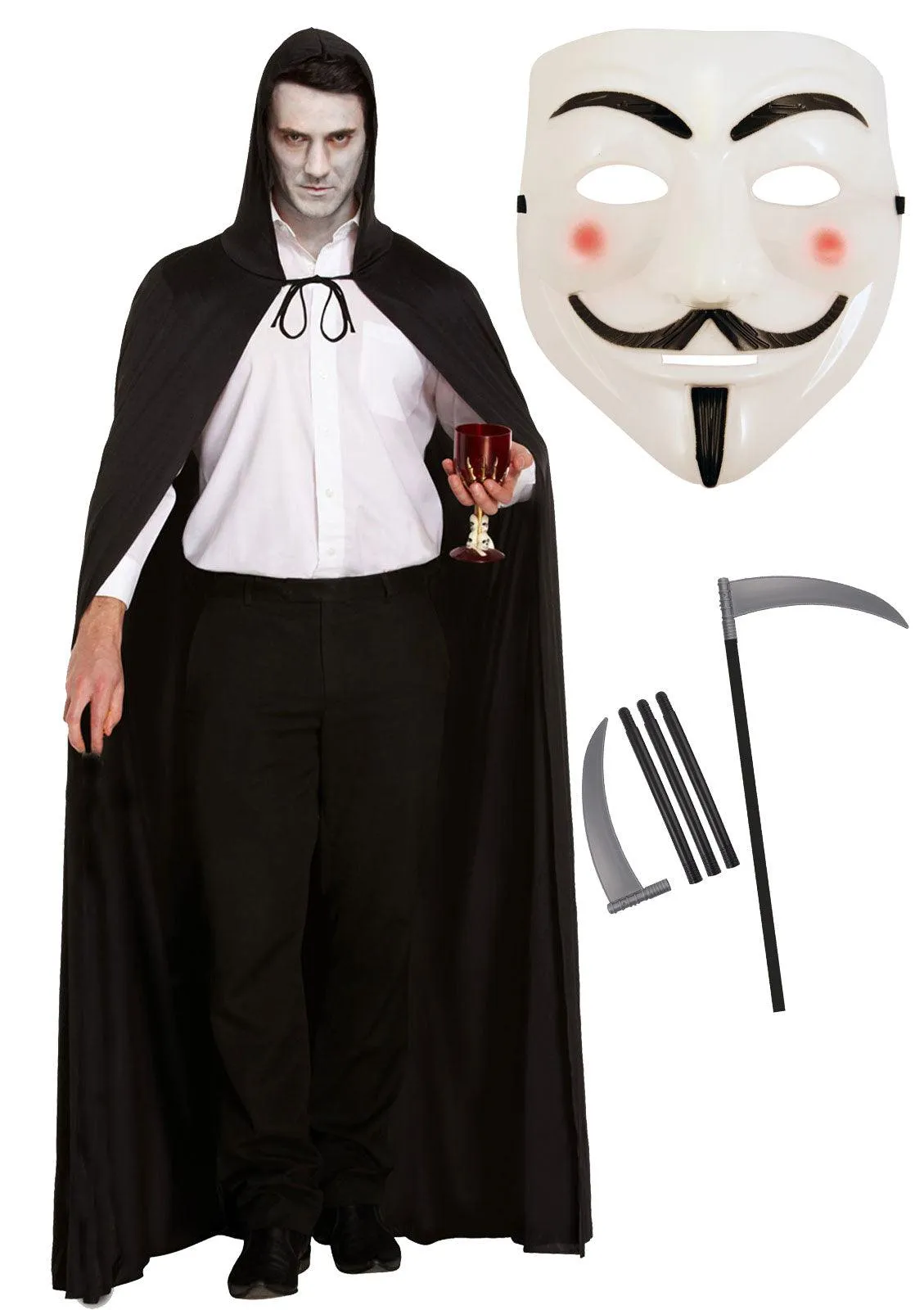 V for Vendetta Mask Long Black Hooded Cape Grim Reaper Scythe Halloween Horror Fancy Dress Party Costume