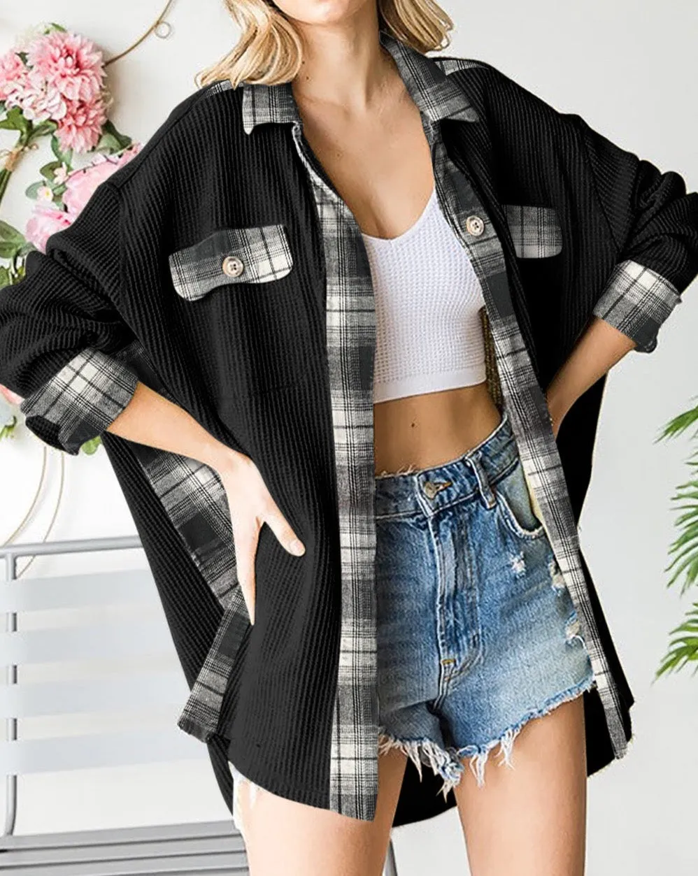 Waffle Plaid Patchwork Pocketed Shacket