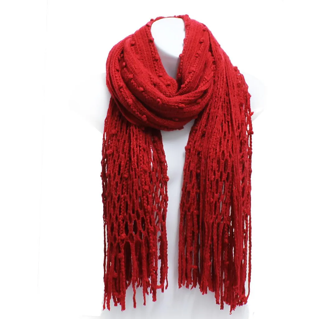 Winter Knit Fish Net Weave Oblong Scarf with Fringe