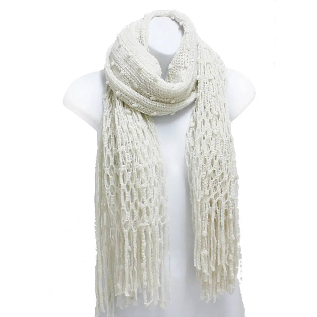 Winter Knit Fish Net Weave Oblong Scarf with Fringe