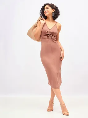 Women Brown Strappy Front Ruched Dress