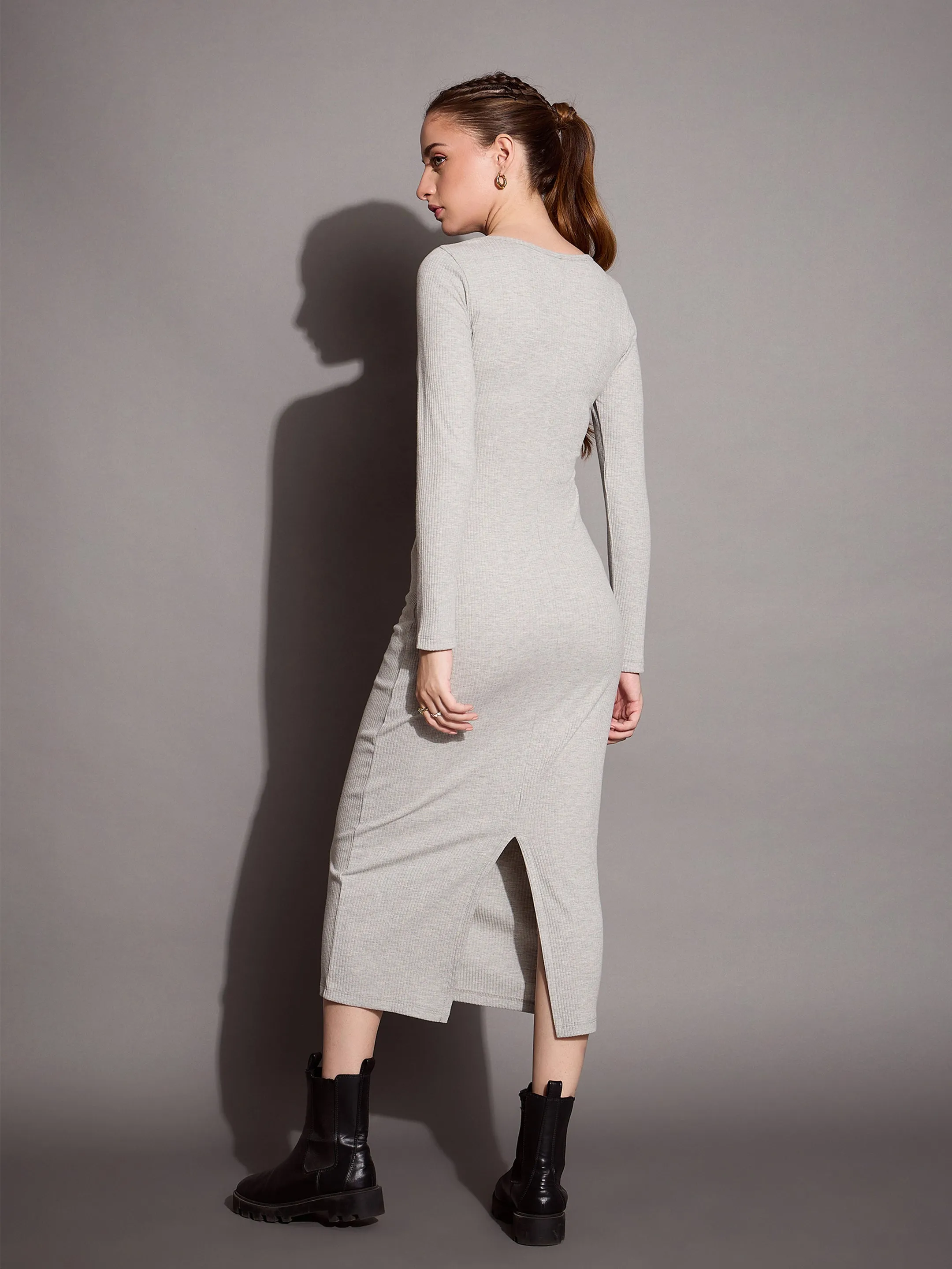 Women Grey Melange Ribbed V-Neck Full Sleeves Bodycon Dress