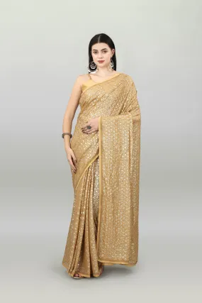 Women Party Wear Sequence Worked Chiku Colour Heavy Georgette Saree Collection