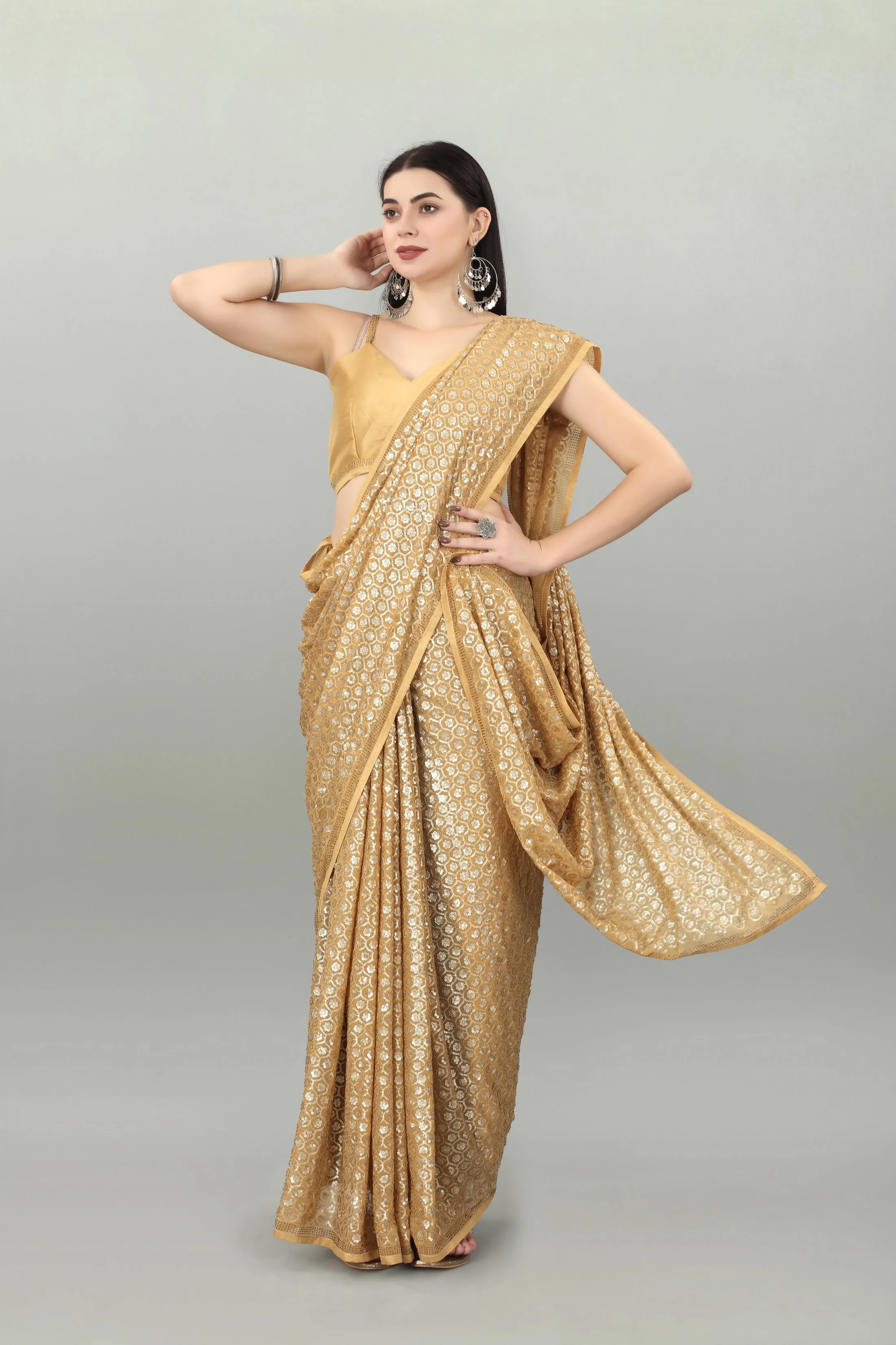 Women Party Wear Sequence Worked Chiku Colour Heavy Georgette Saree Collection