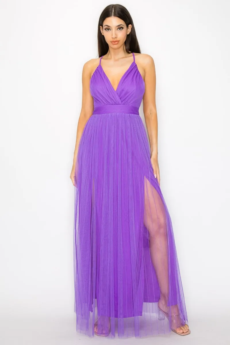 Women's Pleated mesh slit maxi dress