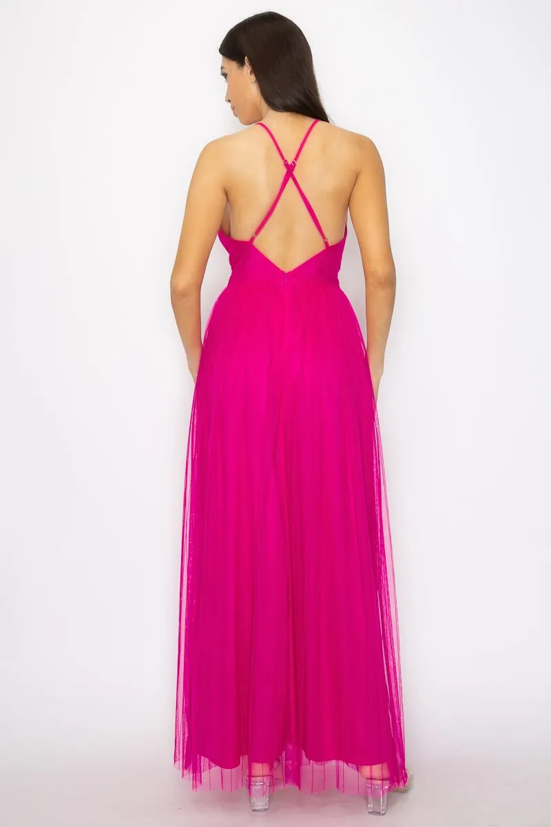 Women's Pleated mesh slit maxi dress