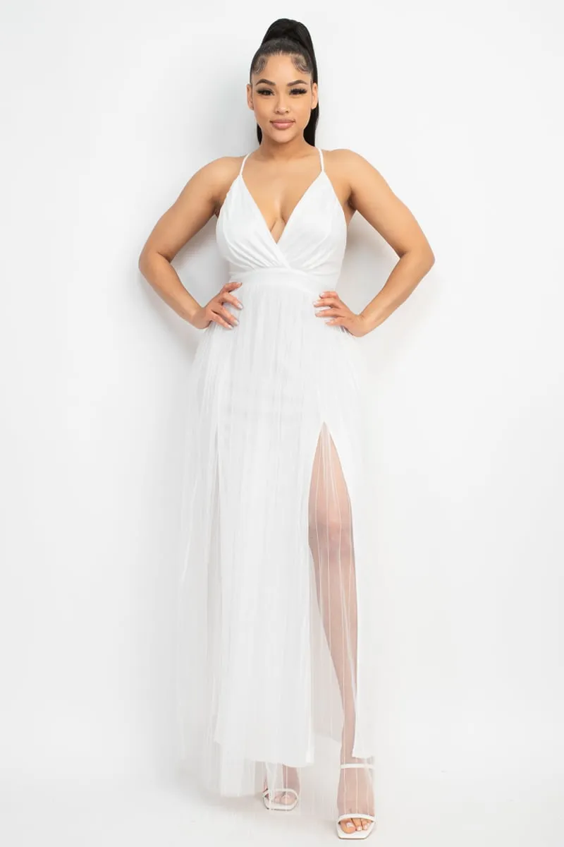 Women's Pleated mesh slit maxi dress