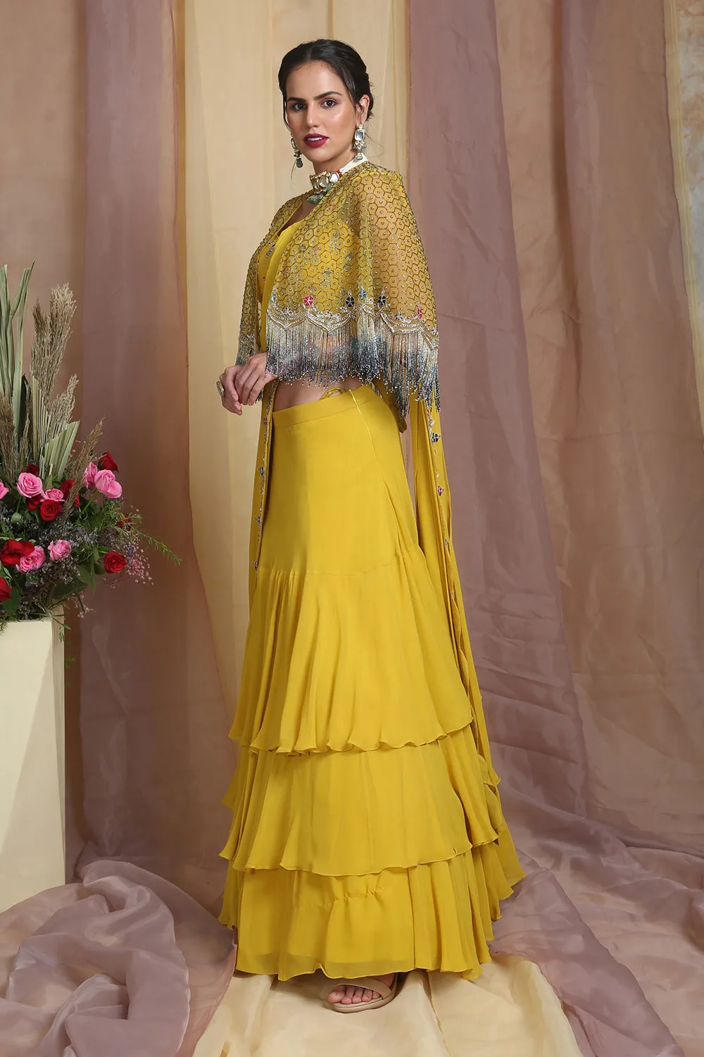 Yellow Cape Drape Lehenga Saree Set